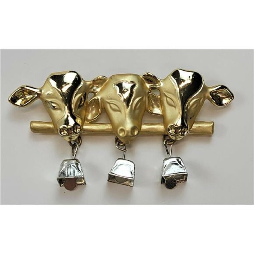 AJC Cow Bell Brooch Figural Gold & Silver Tone 3" Vintage Signed